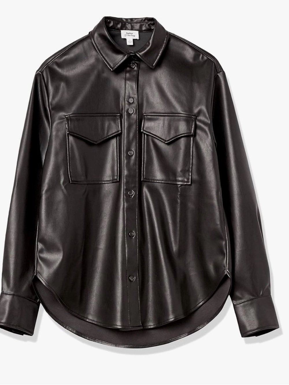 Faux Leather Button-Up Shirt Jacket - Black